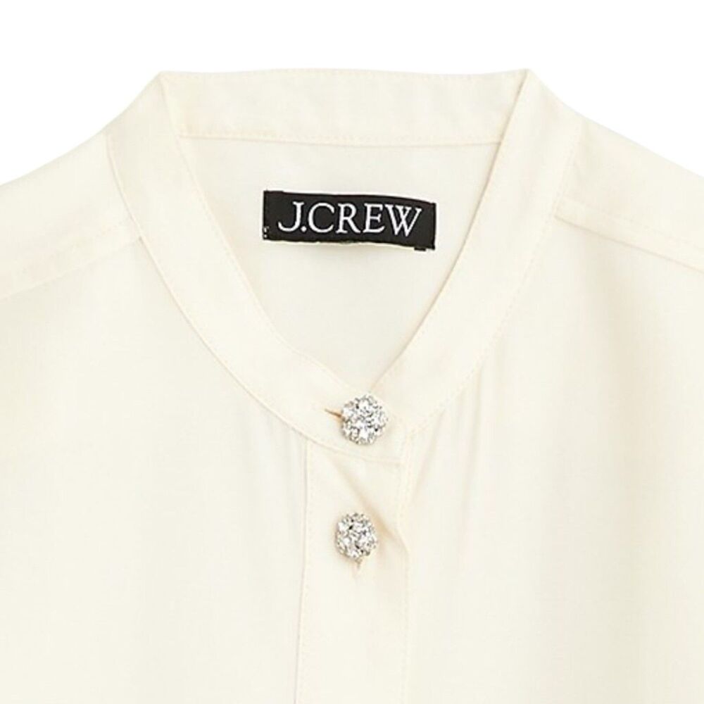 J Crew Blouse Cream Embellished Jewel‎ Button Down Cupro Mandarin Collar